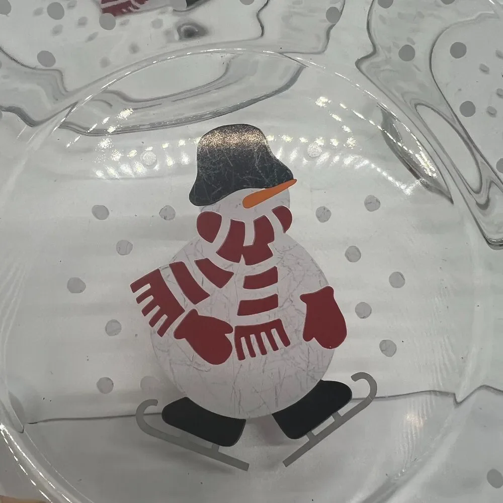 Set 4 Crate & Barrel Skating Snowmen Dessert Salad Plate Glass Holiday Christmas